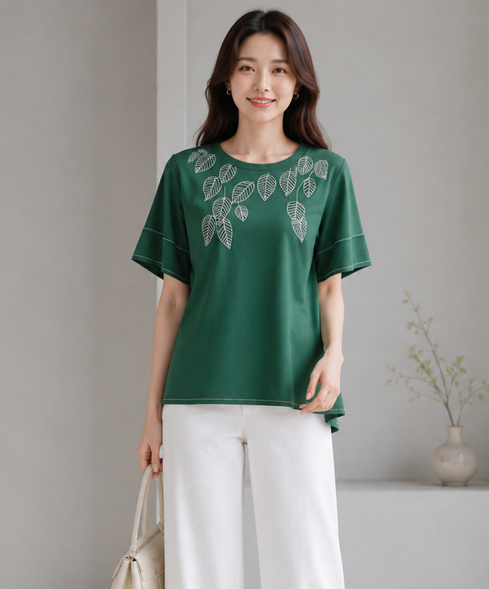 ARIES  俐落簡約葉片圖案刺繡上衣
